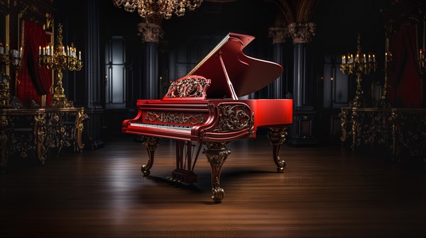 Classic ornate grand piano in A christmas decorated music room. generative AI