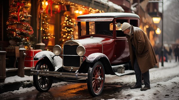 Warmly dressed man admiring the classic vintage car parked in front of the christmas decorated shop on the street. generative AI