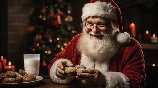Santa claus enjoying his cookies and milk next to the christmas tree. generative AI
