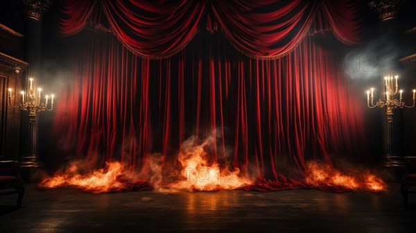 Theatre stage with red velvet curtains on fire. generative AI