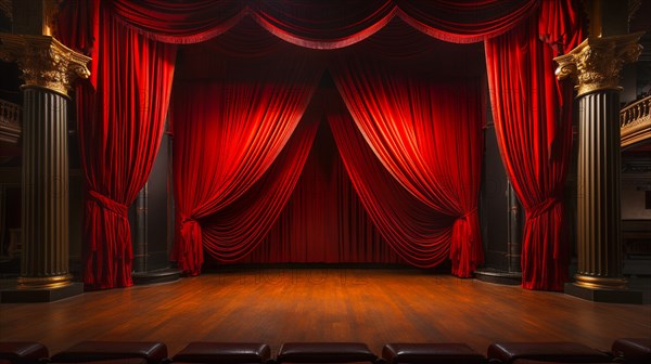 Dramatically lit lustrous red velvet theatre curtains and wooden stage floor. generative AI