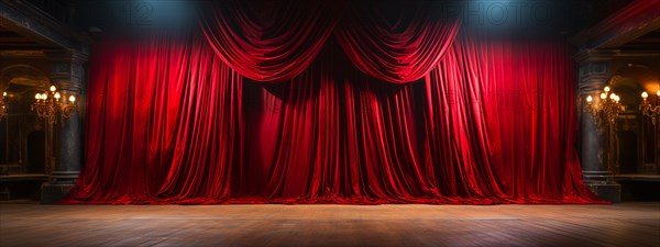 Dramatically lit lustrous red velvet theatre curtains and wooden stage floor. generative AI