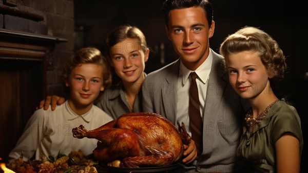 Vintage thanksgiving family portriat at the seasonal dinner table