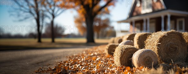 Seasonal rustic farmhouse scdene with fallen leaves and hay bales