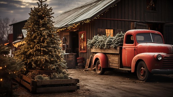 Vintage pick-up truck carrying A christmas tree parked outside festively decorated barn shop. generative AI