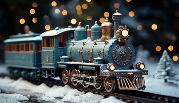 Miniature locamotive train set in A snowy christmas holiday setting. generative AI