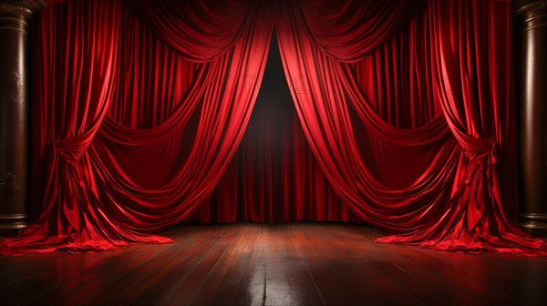 Dramatically lit lustrous red velvet theatre curtains and wooden stage floor. generative AI