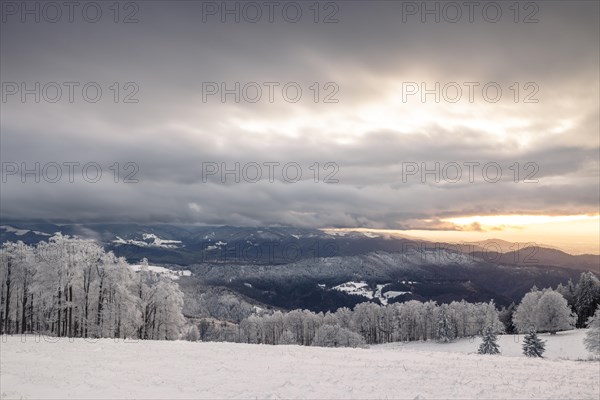 Winter sunset on the mountain with hoarfrost on the trees and fog