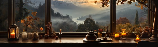 Candles and fall foliage resting on window sill with a mountain country view banner