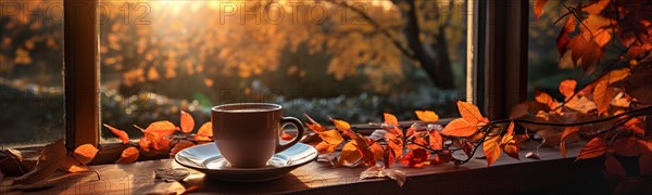 Cup resting on window sill with a fall mountain country view banner