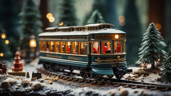 Model miniature troller train set and snowy christmas decorated town setting. generative AI