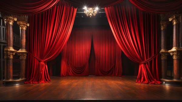 Dramatically lit lustrous red velvet theatre curtains and wooden stage floor. generative AI