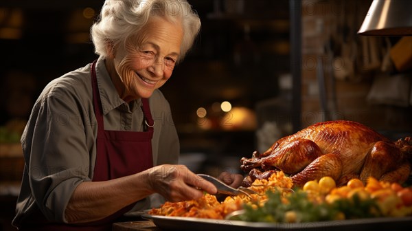 Happy elderly woman wearing her apron fixing her thanksgiving turkey and all the fixings in the kitchen