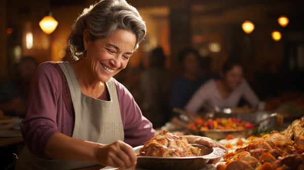 Happy elderly woman wearing her apron fixing her seasonal meal in the kitchen