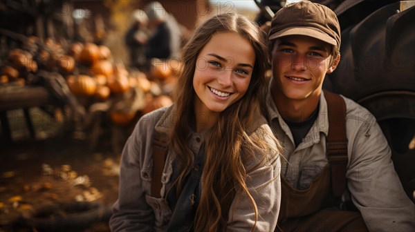 Cute teenaged couple enjoying a fall gathering on the country farm with friends