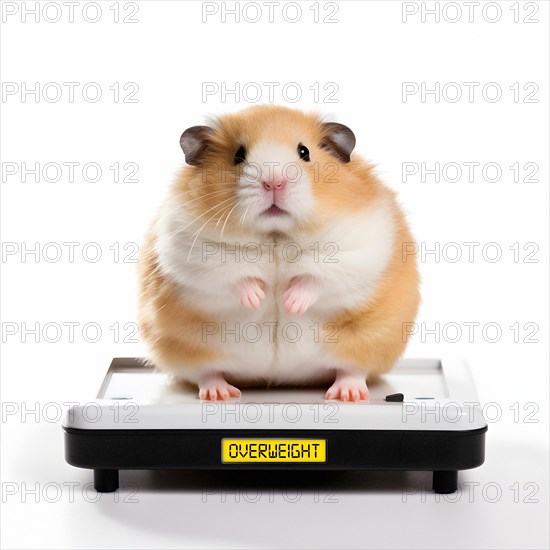 Fat hamster sitting on a scale with a display showing OVERWEIGHT on it. AI generated
