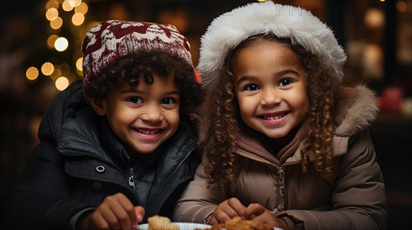 Two cute african american children enjoying their christmas cookies. generative AI