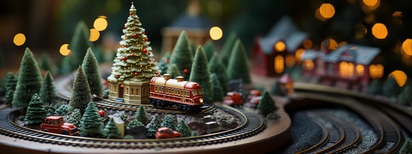 Model miniature troller train set and snowy christmas decorated town setting. generative AI