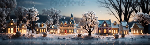 Miniature holiday christmas decorated town and snowy village scene banner. generative AI