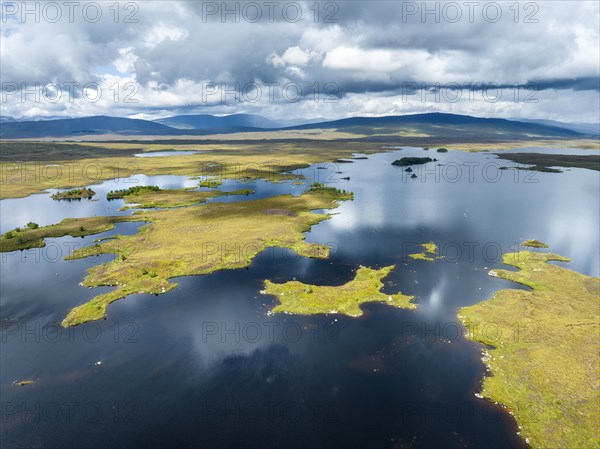 Aerial view of the islands and surrounding peat swamp of Loch Ba