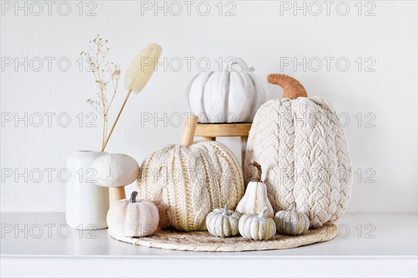 Fall decor arrangement in boho style with fake pumpkins and dried flowers