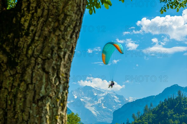 Couple Paragliding in front Of Snow Capped Jungfraujoch Mountain in a Sunny Day in Interlaken