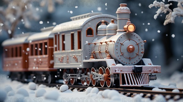 Miniature locamotive train set in A snowy christmas holiday setting. generative AI
