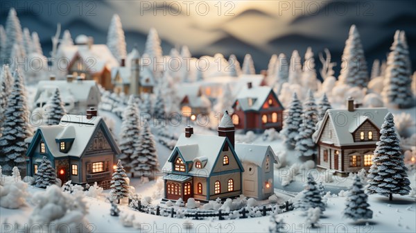 Miniature holiday christmas decorated town and snowy village scene. generative AI