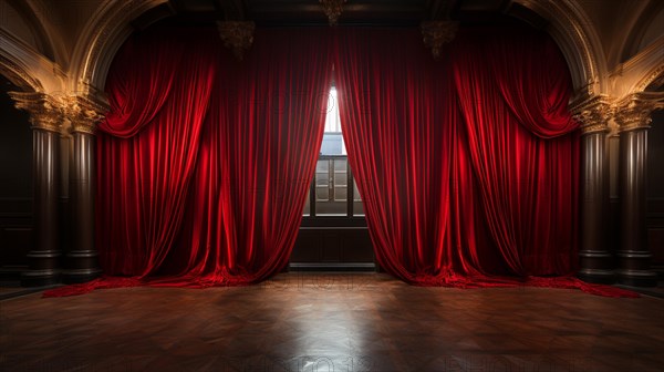 Dramatically lit lustrous red velvet theatre curtains and wooden stage floor. generative AI