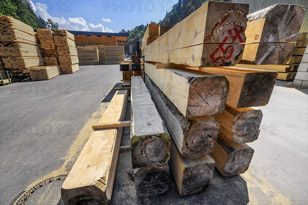 Stacks of beams and boards in a sawmill