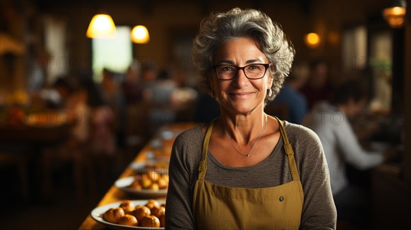 Proud middle-aged woman wearing an apron stands near her seasonal meal she prepared in her house