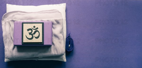 High angle view of yoga equipment. Yoga mat