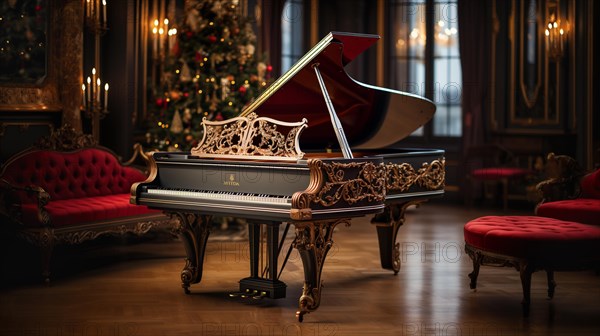 Classic ornate grand piano in A christmas decorated music room. generative AI