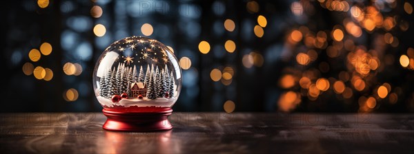 Christmas snow globe with pine trees and cabin on a wood surface banner. generative AI