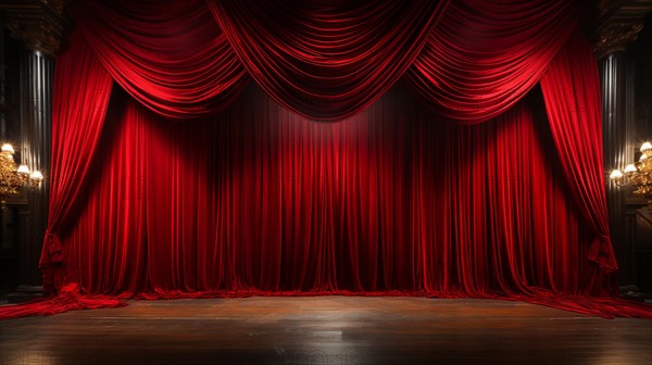 Dramatically lit lustrous red velvet theatre curtains and wooden stage floor. generative AI