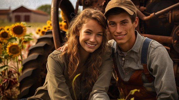 Cute teenaged couple enjoying a fall gathering on the country farm with friends