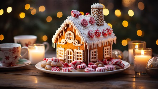 Christmas gingerbread house and treats on a small plate amist the decorations. generative AI