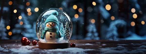 Christmas snow globe with snowman on a wood surface banner. generative AI