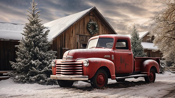 Vintage pick-up truck carrying A christmas tree parked outside festively decorated barn shop. generative AI