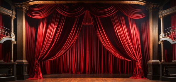 Dramatically lit lustrous red velvet theatre curtains and wooden stage floor. generative AI