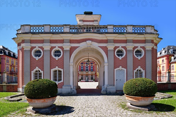 Entrance gate of Baroque castle called Bruchsal Palace in Germany on sunny day