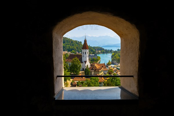 WindowView over City of Thun and Lake with Mountain in a Sunny Day in Thun