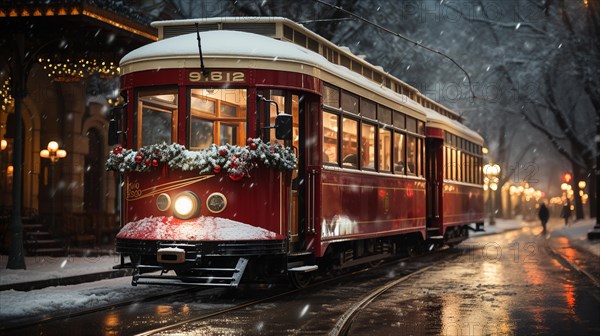 Festive christmas holiday decorated town trolley driving down the street. generative AI