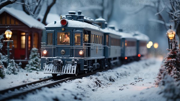 Model miniature troller train set and snowy christmas decorated town setting. generative AI