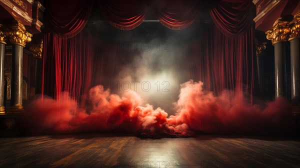 Theatre stage with red velvet curtains on fire. generative AI