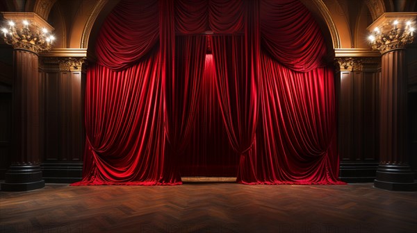 Dramatically lit lustrous red velvet theatre curtains and wooden stage floor. generative AI