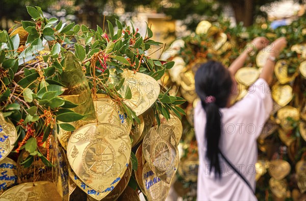 Buddhist golden leaves with wishes and blessings on Bodhi tree in selective focus foreground