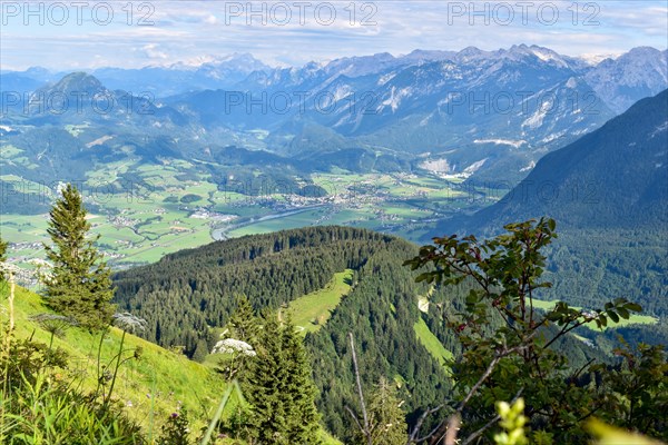 View of Golling in the Salzach valley from the Rossfeld panorama road near Berchtesgaden