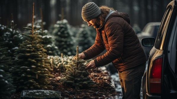 Young man working at the christmas tree farm planting new trees during the holiday season. generative AI