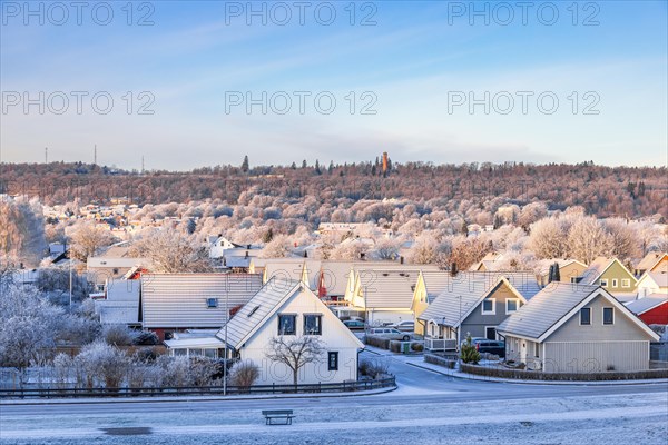 View of a residential area with snow and frost in a Swedish small town in winter